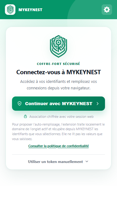 Écran de connexion de l’extension navigateur MYKEYNEST