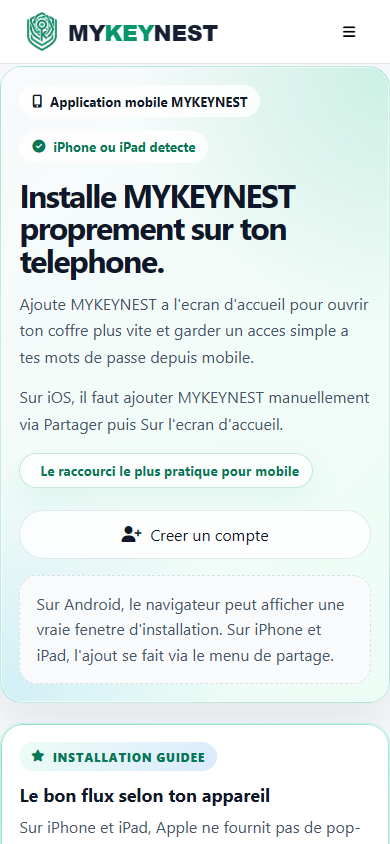 Page d’installation mobile MYKEYNEST